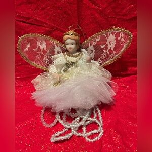 Elegant White and Gold Angel ready to hang up- notice the beads down below-used